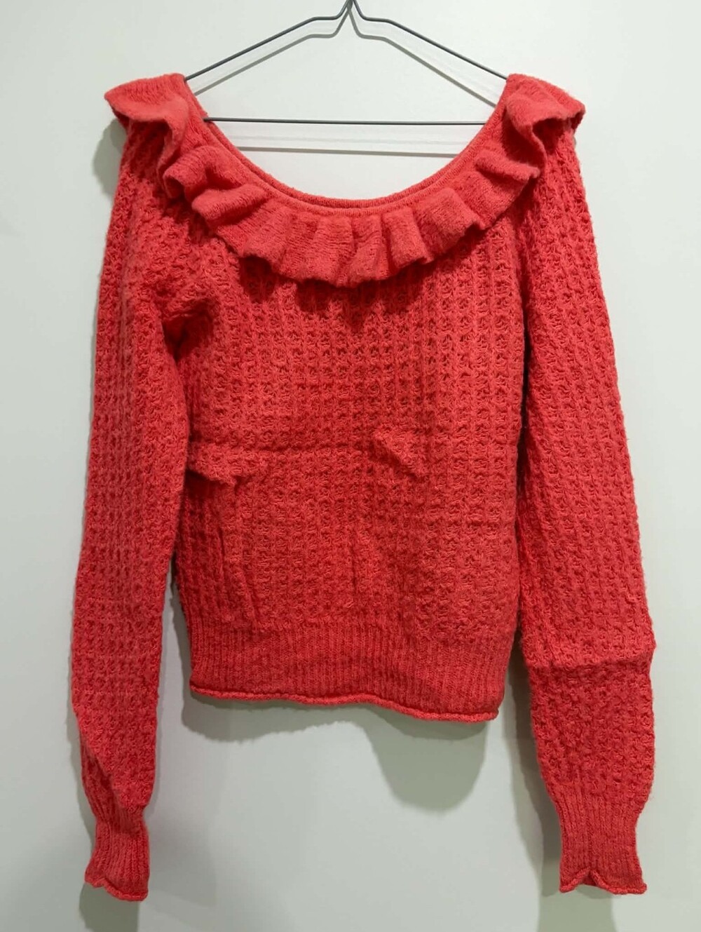 Anthropologie Red Off-the-Shoulder Ruffle Knit Sweater